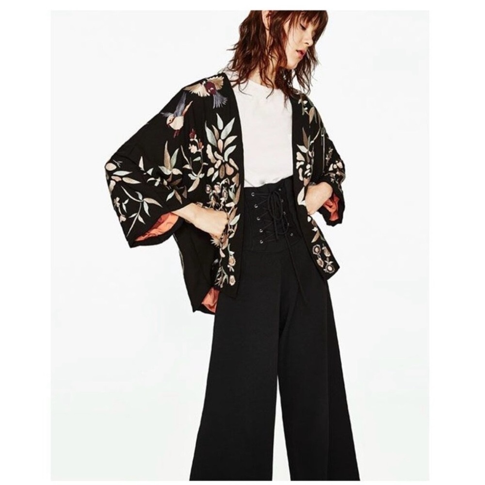 Zara Woman Pink Floral Drape Open Kimono Silk Blazer Size Medium